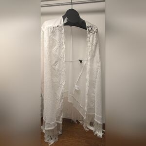 White Bongo Plus 3X Fringe Crochet Open-Front Kimono Shall Cover Up
